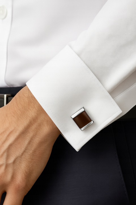 Srebrne spinki do mankietów koszuli brązowe stal szlachetna 316L