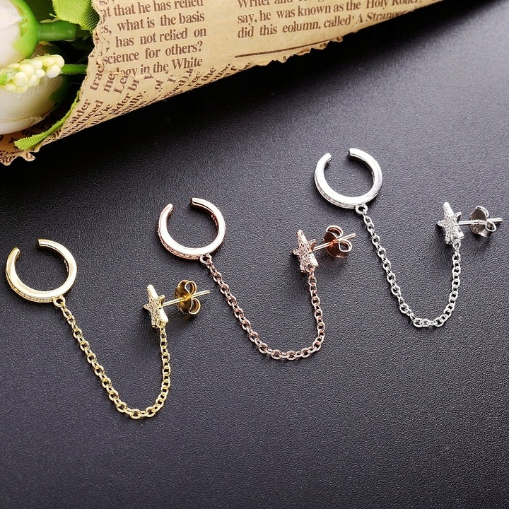 MD długa srebrna nausznica kolczyk łańcuszek S925