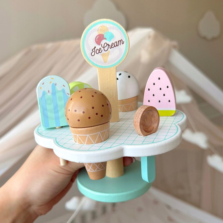 DREWNIANA LODZIARNIA KAWIARNIA ZESTAW SKLEPIK Z LODAMI NA MAGNES STRAGAN