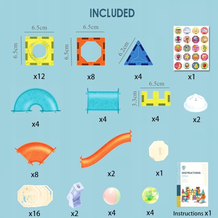 KLOCKI MAGNETYCZNE ŚWIECĄCE STEM 75 ELEMENTÓW TOR KULKOWY LED3+ MAGNA TILES