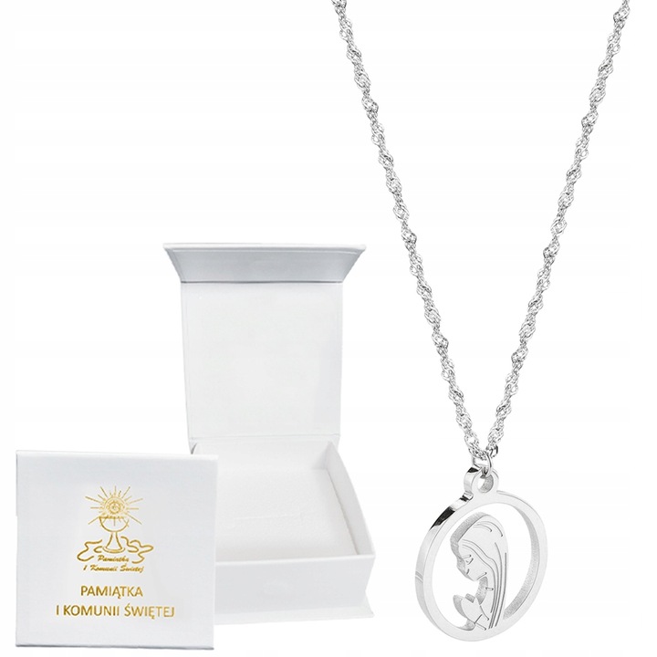 Łańcuszek srebrny medalik komunijny Matka Boska komunii stal L316 Chrzest