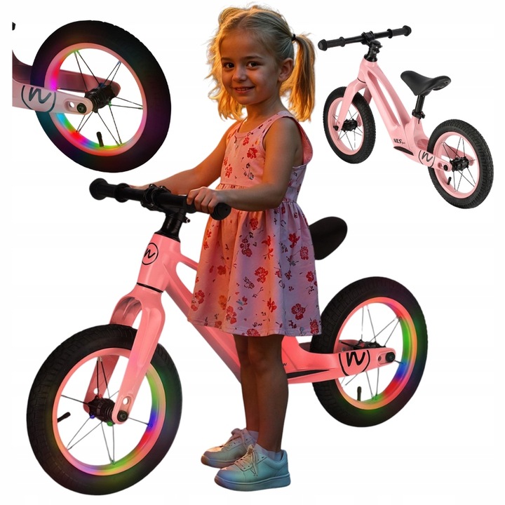 Rowerek Biegowy Lekki Dla Dziewczynki Magnezowy Świecące Koła 12" ABEC-9