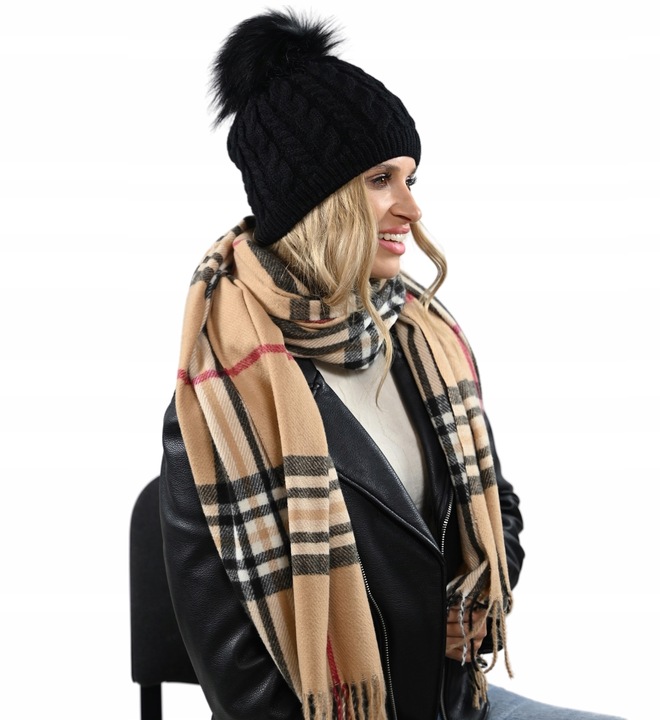 Czapka damska zimowa Ciepła dwuwarstwowa z polarem Pompon POLSKA Produkcja