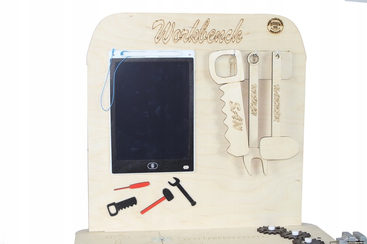 Drewniany warsztat majsterkowicza tablet kłódka imadło schowek piła POLSKI!