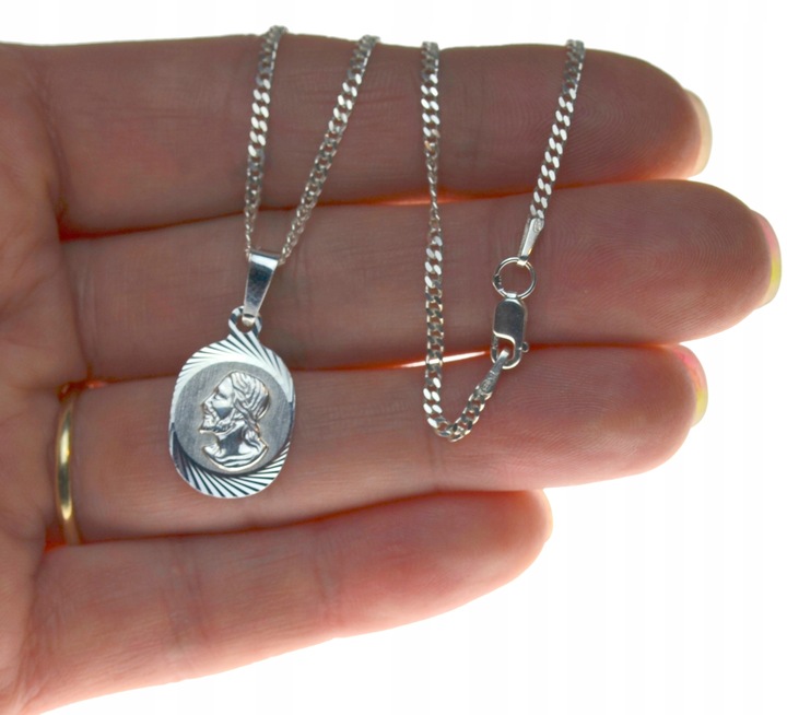 ŁAŃCUSZEK SREBRNY Z Medalikiem Jezus 925 55CM Komplet DLA CHŁOPCA KOMUNIA