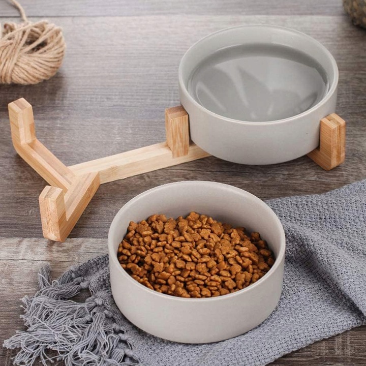 MISKA CERAMICZNA PODWÓJNA DLA PSA I KOTA 2 MISKI DREWNIANA PODSTAWA 2x400ml