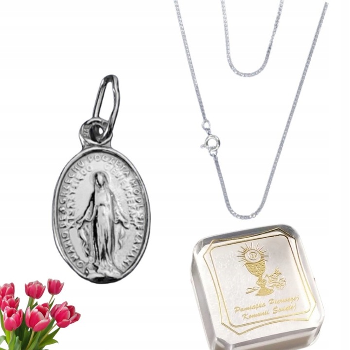 ŁAŃCUSZEK SREBRNY MEDALIK KOMUNIJNY + PUDEŁKO DO KOMUNI / NA CHRZEST