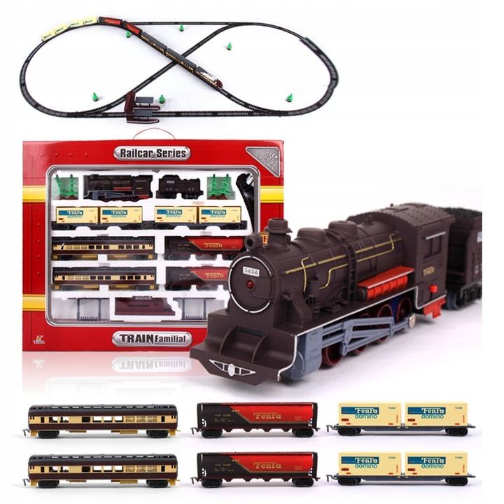 WIELKA KOLEJKA POCIĄG TORY 10 metrów LOKOMOTYWA LED 7 wagonów DRZEWKA PERON