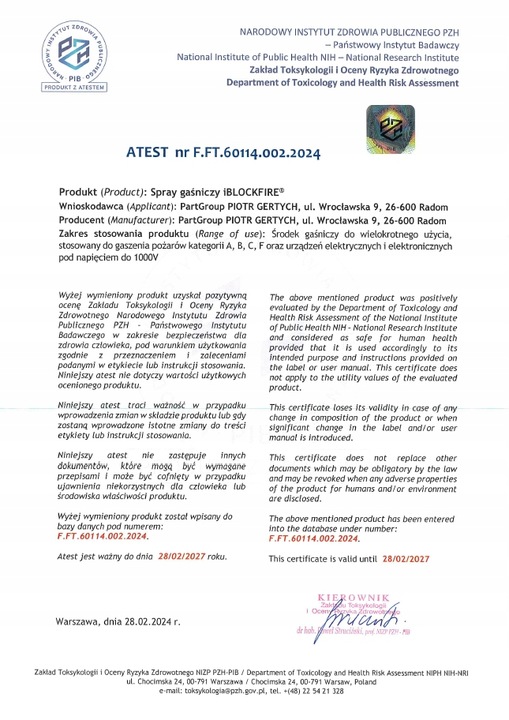 GAŚNICA iBlockFIRE ABCF+E 0,6L. 100%BIO SPRAY GAŚNICZY iBlockFIRE ZASIĘG 8M