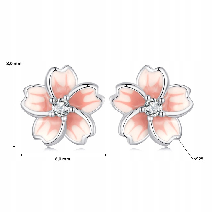 K519 Kwiaty wiśni srebrne emaliowane kolczyki sztyfty z kryształkami