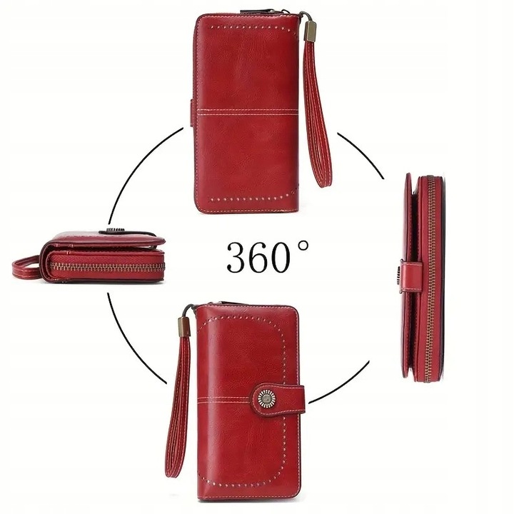 PORTFEL DAMSKI ELEGANCKI DUŻY POJEMNY NA KARTY RFID Z PASKIEM CZERWONY