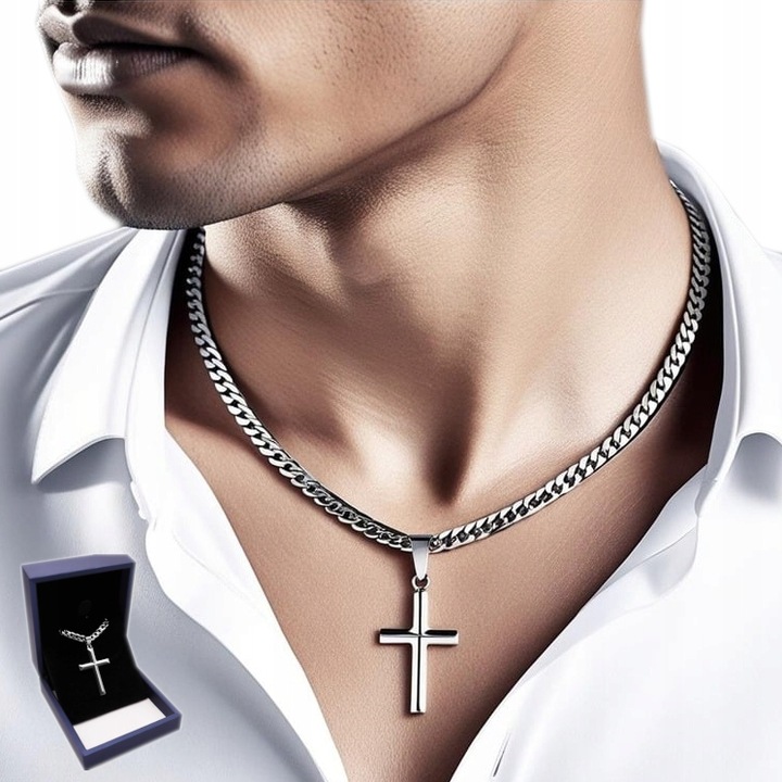 SREBRNY Łańcuszek z Krzyżykiem Męski Diamentowany Krzyż Włoski + GRATIS