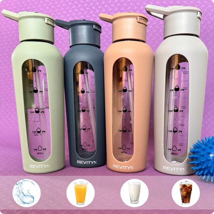 SZKLANA BUTELKA NA WODĘ BIDON SHAKER Z MIARKĄ I DZIUBKIEM SILIKONOWE ETUI