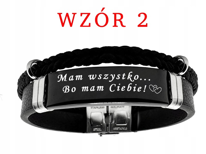 Bransoletka męska SKÓRZANA z GRAWEREM czarna STAL prezent + GRAWER GRATIS