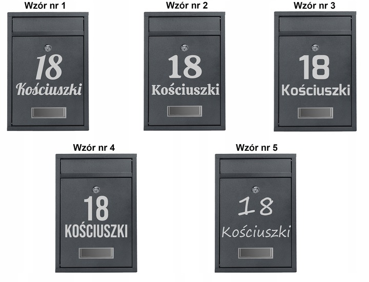 SKRZYNKA POCZTOWA NA LISTY POCZTĘ Z NUMEREM DOMU NAZWĄ ULICY NAPIS ANTRACYT