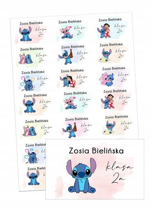 NAKLEJKI SZKOLNE imienne na zeszyty książki Stitch Stich 21szt. [szk6]