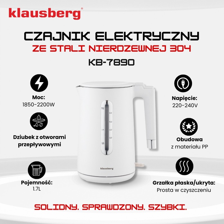 Czajnik elektryczny Klausberg KB-7890 1.7L stal 304 biały filtr 2200W