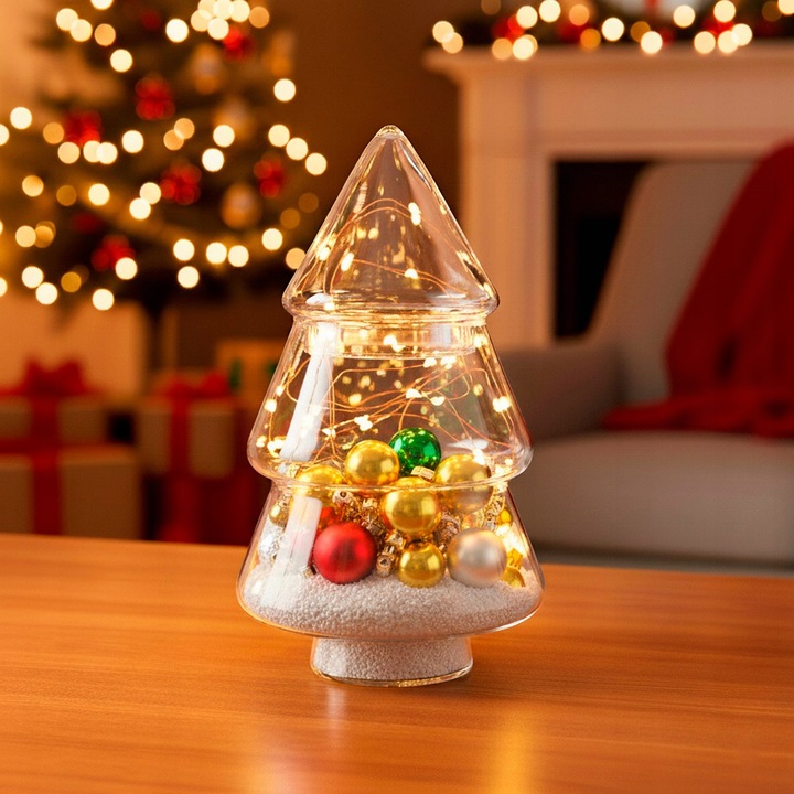 SZKLANA BOMBONIERKA CHOINKA DEKORACJA ŚWIĄTECZNA POJEMNIK NA SŁODYCZE