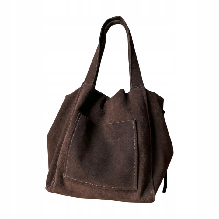 Czekoladowa zamszowa torebka shopper worek XL ZAMSZ NATURALNY Vera Pelle A4