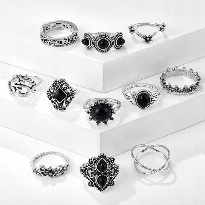 Srebrny ZESTAW PIERŚCIONKÓW RETRO PUNK BOHO 02