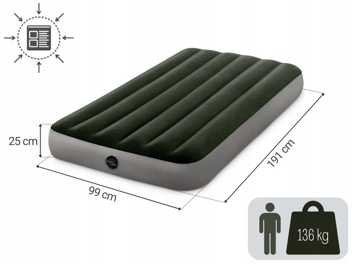 Materac Dmuchany Welurowy Łóżko z Pompką na Baterie Jednoosobowy Intex