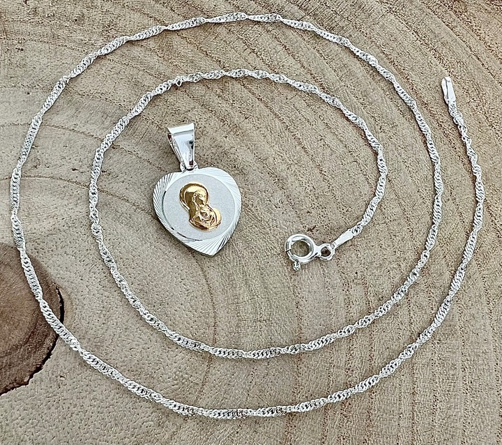 Zestaw Srebrny Łańcuszek i Medalik Serce Matka Boska Chrzest Komunia 45 cm