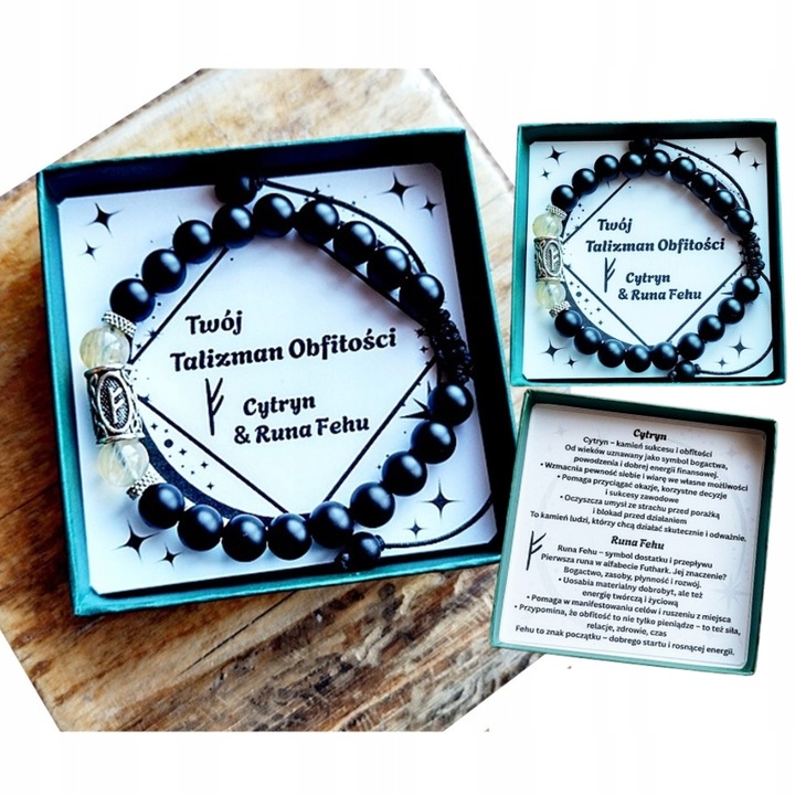 Bransoletka Męska Talizman Obfitości CYTRYN Runa FEHU Bogactwo Pieniądze