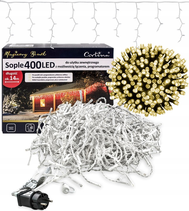 GĘSTA KURTYNA SOPLE 400 LED 14,20m PROGRAMATOR+PAMIĘĆ+GNIAZDO BIAŁY CIEPŁY