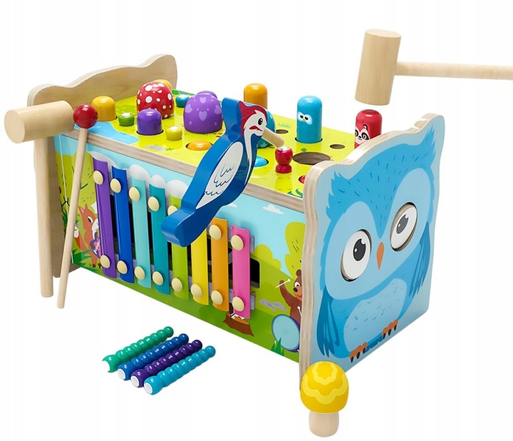 SORTER DREWNIANY WBIJAK KOSTKA CYMBAŁKI GRA UKŁADANKA KLOCKI MONTESSORI SOW