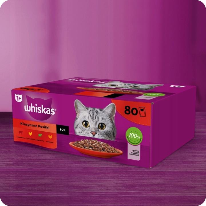MOKRA KARMA DLA KOTA WHISKAS KLASYCZNE SMAKI W SOSIE MIX SMAKÓW 80x85G