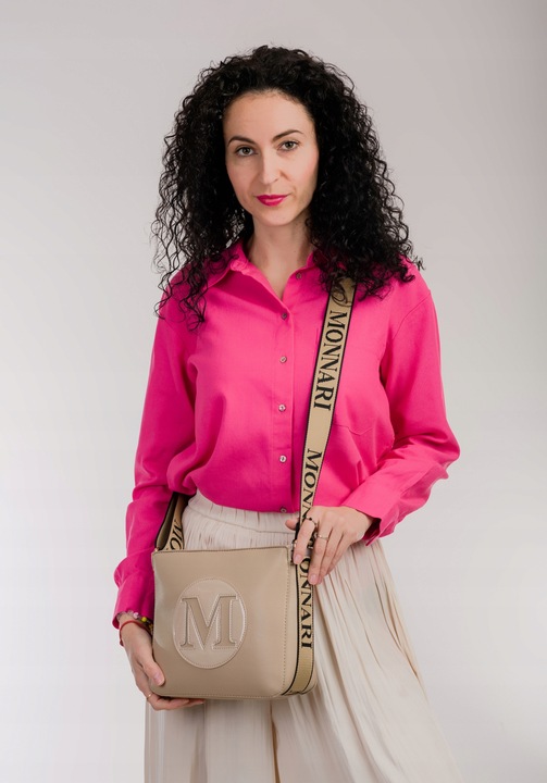 MONNARI Torebka na ramię LISTONOSZKA Pojemna PASEK LOGO PREMIUM Beżowa