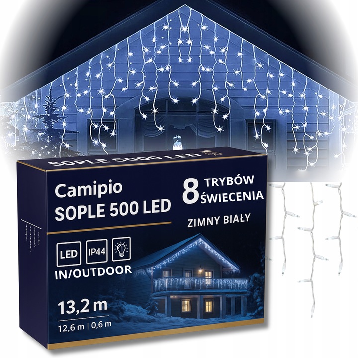 LAMPKI SOPLE 500 LED KURTYNA 13,2M ZEWNĘTRZNE WEWNĘTRZNE zimny biały