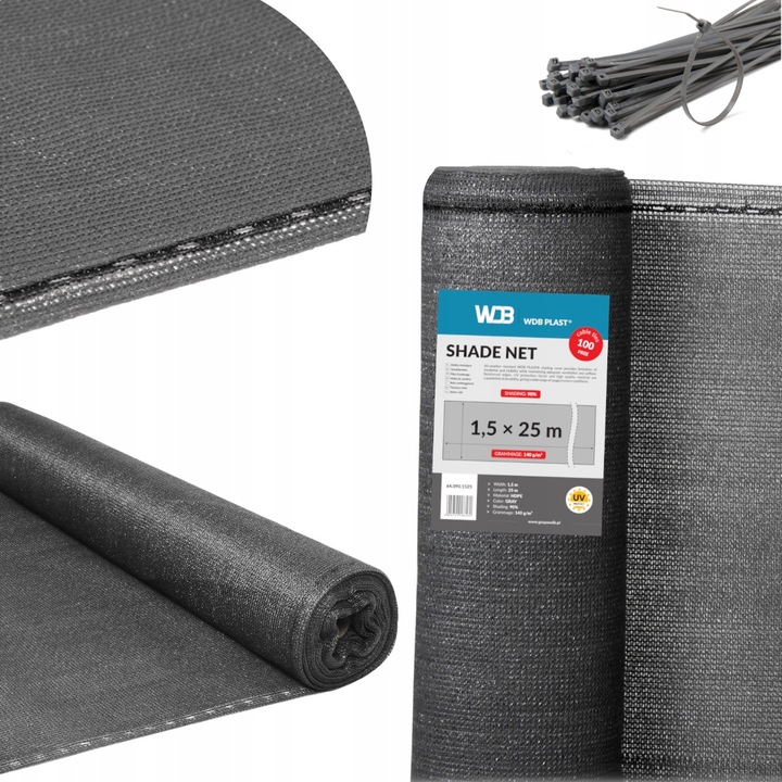 SIATKA CIENIUJĄCA 90% 1,5x25m OSŁONA MASKUJĄCA MATA NA PŁOT OGRODZENIE UV+