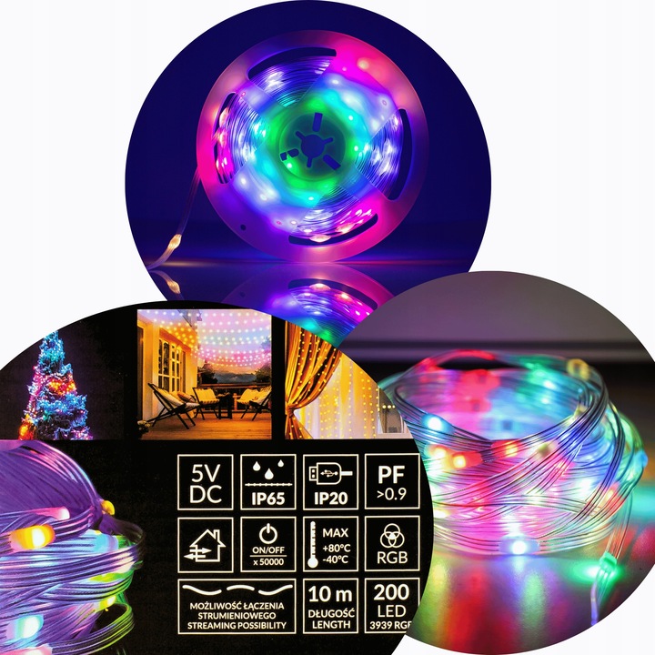 Magiczne lampki Choinkowe RGB USB IP65 200 led 10m Pilot Aplikacja DC 5V