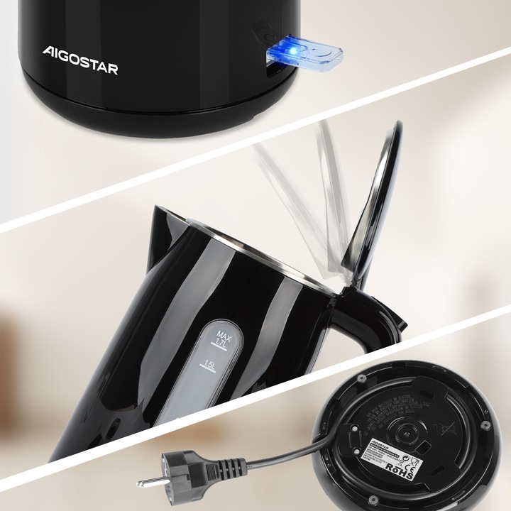 Czajnik elektryczny bezprzewodowy 2200W 1,7l czarny LED podwójne ścianki