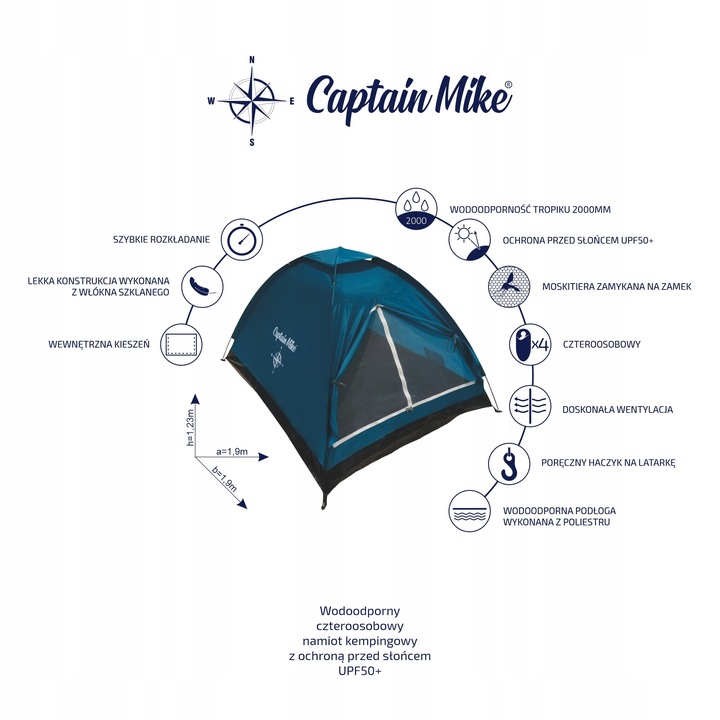 Namiot kempingowy 2 osobowy 200x140x100 cm UPF50+ Captain Mike