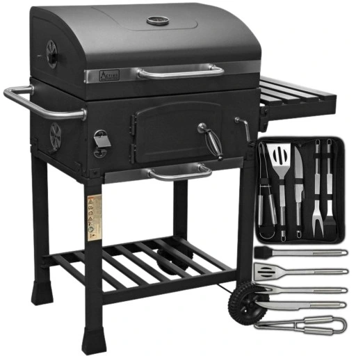 Grill Węglowy na Kółkach z Półką Pokrywą Ogrodowy Przenośny Żeliwny Ruszt