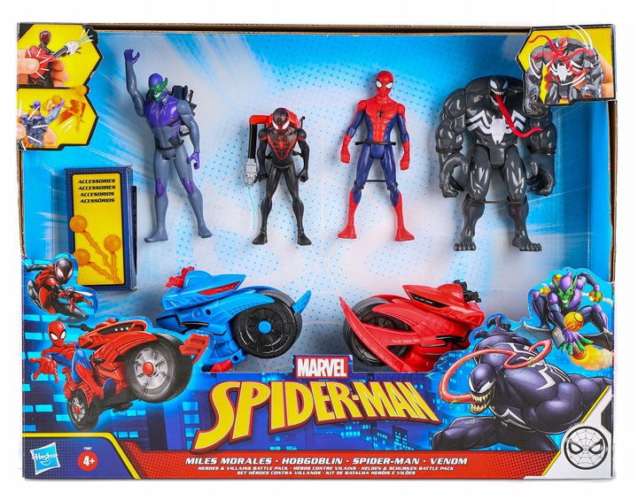 ZESTAW 4 FIGUREK SPIDERMAN VENOM GOBLIN MILES MORALES +2 POJAZDY +AKCESORIA