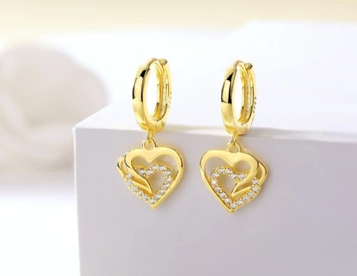 ZLOTE KOLCZYKI WISZĄCE SERCA, KOLCZYKI ANGIELSKIE SREBRO POZŁCANE