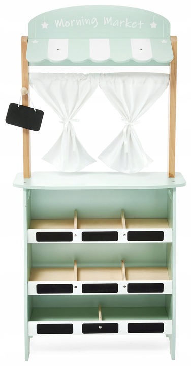 Duży drewniany sklep stragan teatr waga terminal płatniczy warzywa i owoce