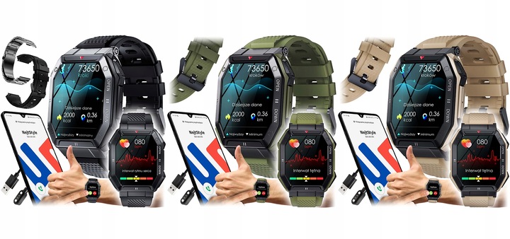 SMARTWATCH ZEGAREK MĘSKI MILITARNY ROZMOWY WIELOFUNKCYJNY POMIARY MENU PL