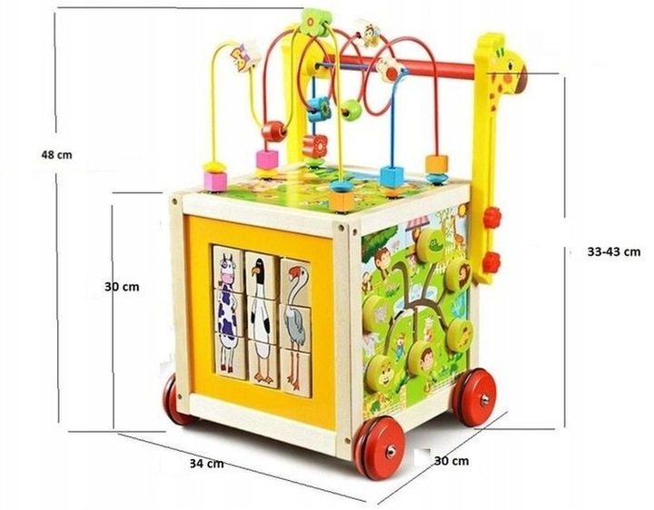 DUŻY DREWNIANY CHODZIK PCHACZ KOSTKA EDUKACYJNA 7w1 MONTESSORI + MULA