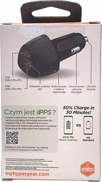 HyperGear superszybka ładowarka samochodowa DUAL 2xUSB-C PPS, 7A, 50W