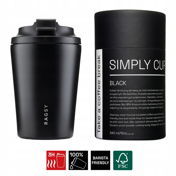 Kubek Termiczny ze stali nierdzewnej BPA FREE Simply Cup 340 ml - Black