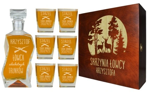 KARAFKA + 6 SZKLANEK DO WHISKY W PUDEŁKU Z GRAWEREM PREZENT DLA MYŚLIWEGO