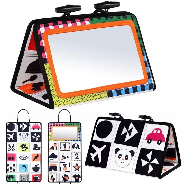 DUŻA KSIĄŻECZKA SENSORYCZNA Z LUSTERKIEM KONTRASTOWA MIĘKKA NAUKA WIDZENIA