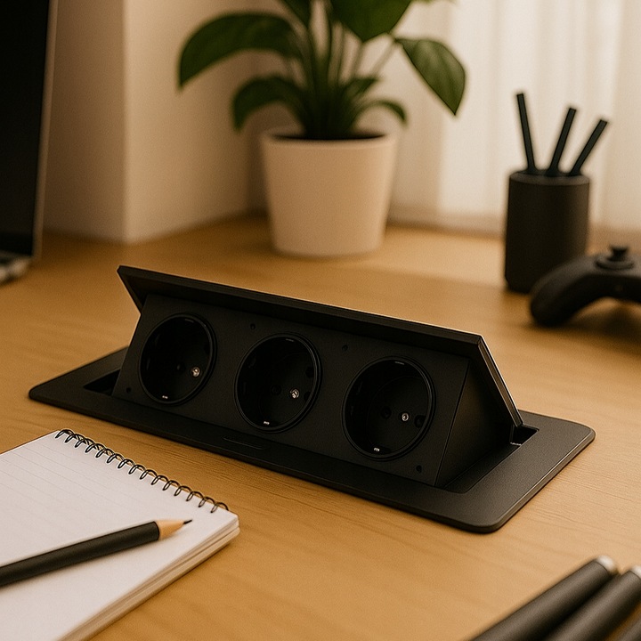 GNIAZDO ELEKTRYCZNE POTRÓJNE CHOWANE W BLAT NABLATOWE GNIAZDKO CZARNE