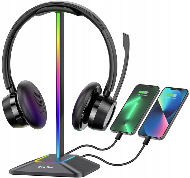 STOJAK STATYW NA SŁUCHAWKI NEW BEE GAMINGOWY PODŚWIETLENIE RGB LED HUB USB
