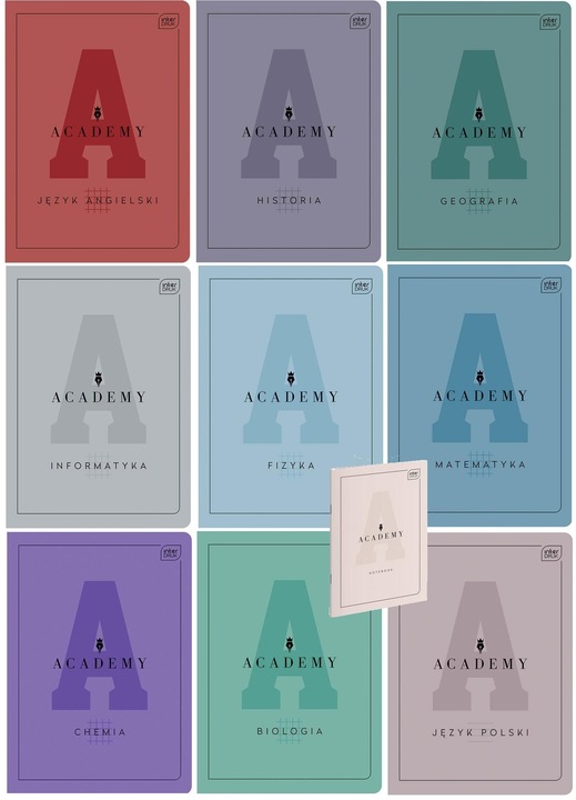 Zestaw zeszytów tematycznych Academy A5 INTERDRUK 9 sztuk + notes A6 gratis