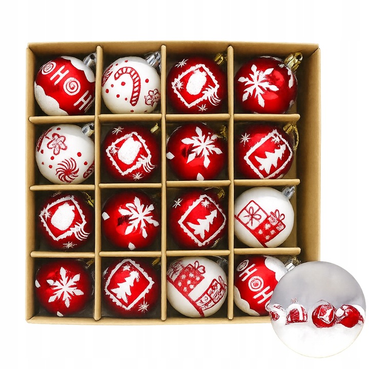 Bombki choinkowe czerwono-białe 16 szt 6 cm | Zestaw ozdób świątecznych